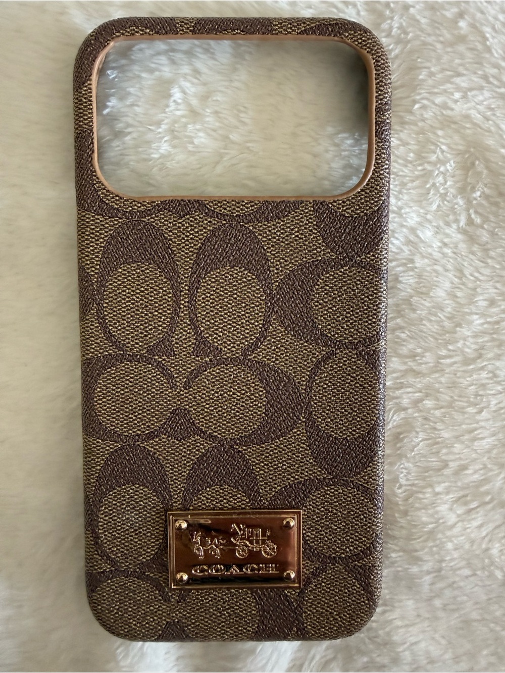 Coach Brown Signature Monogram Phone Case with Gold Plaque